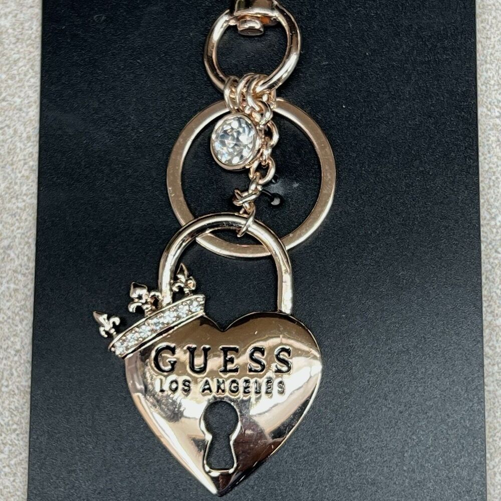 Guess Heart Padlock Crown Bag Charm  Keychain Gold Tone BLING  Fleur De Lis - Picture 6 of 9